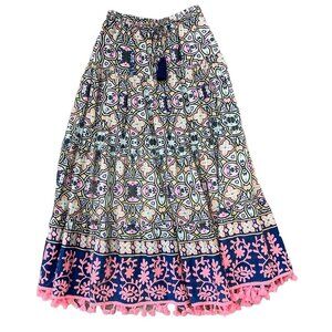 Naudic Womens Tiered Tropical Maxi Skirt Size XS Boho Cottage Embroidered Tassel